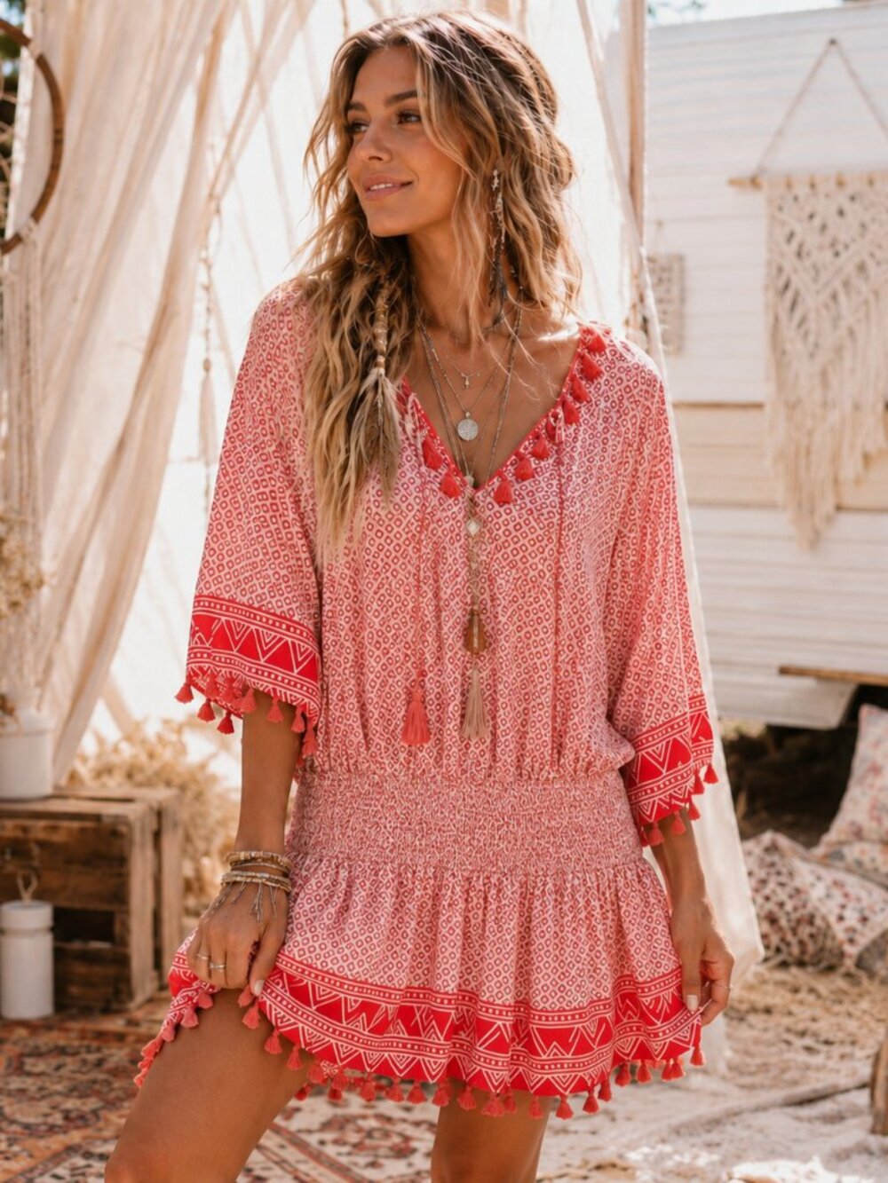Red Patterned Smocked Drop waist Mini Dress Tassel Trim Size M | Festival, Boho